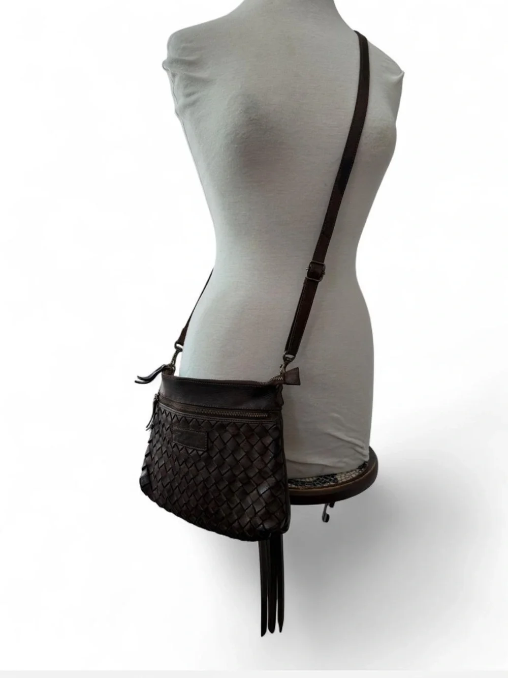 Pikolinos Faura Woven Basket Weave Leather Crossbody Bag Brown
